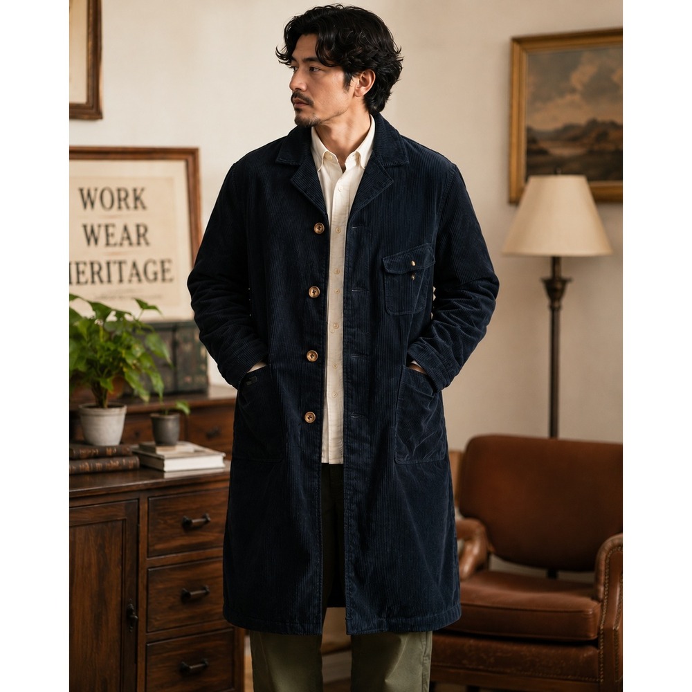 Maden Clothing Heritage Amekaji Corduroy Long Coat Mens Large Black KaraKu NWT